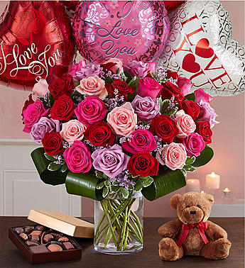 "Everlasting Love - A Bouquet up to 50 Red, Pink, and Lavender Blooms"