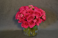 "Blushing Love - Hot Pink Rose Bouquet in Glass Vase"